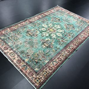Authentic Decorative Turkish Handmade Area Rug, Turquoise Floral Patterned Overdyed Nomadic Vintage Rug, 9'.5