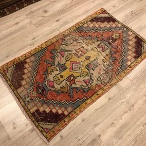 Turkish Handmade Faded Oushak Small Rug, Home Decor Vintage Geometric Rug, Traditional Turkish Anatolian Rug, 3'x1'.7