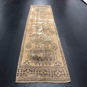 Large Decorative Turkish Runner Rug, Brown Hand Knotted Rug, Turkish Traditional Runner Rug, Distressed Runner, 11.9 ft x 2.9 ft, SKU:C226