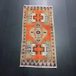 Orange Small Rug, Turkish Rug, Faded Oushak Rug, Vintage Mat Rug, Ethnic Rug, Colorful Rug, Small Rug, Door Mat, 3.1 ft x 1.6 ft, SKU:350