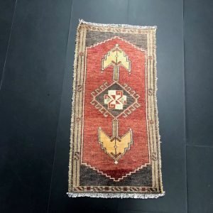 Rustic Unique Design Small Rug, Hand Knotted Door Mat, Turkish Vintage Small Rug, Aztec Rug, Faded Anatolian Rug,  2.8 ft x 1.4 ft, SKU:455