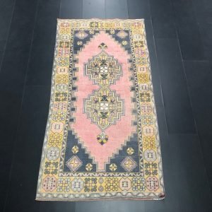 Handmade Turkish Rug, Pink and Yellow Wool Rug, Unique Oushak Rug, Design Turkish Rug, Pastel Old Rug, Ethnic Rug, 7.3 ft x 3.8 ft, SKU:C646
