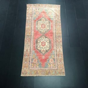 Authentic Turkish Wool Rug, Boho Decor Turkish Rug, Red Oushak Faded Rug, Turkish Anatolian Area Rug, Art Deco Rug 7.4 ft x 3.4 ft, SKU:C647