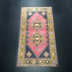 Antique Turkish Wool Rug, Anatolian Handmade Designer Rug, Bohemian Area Carpet, Pink-Blue Color Vintage Rug, 6.7 ft x 3.7 ft,SKU:C648