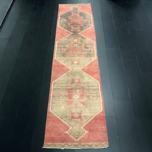 Red Vintage Turkish Corridor Runner Rug, Distressed Handmade Tribal Runner Rug, Ethnic Design Decor Rug, Long Runner Rug, 3x12 ft, SKU:C627