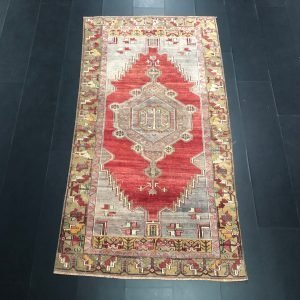 Authentic Red and Gray Turkish Designer Area Rug, Traditional Turkish Handmade Ethnic Carpet, Turkish Wool Rug, 7.8 ft x 4.2 feet, SKU:C640