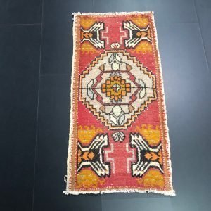 Red Oushak Small Rug, Turkish Rug, Vintage Rug, Red Door Mat Rug, Antique Rug, Small Rug, Ethnic Door Mat Rug, 3.3 ft x 1.6 ft, SKU:17