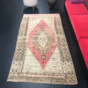 Medallion Design Rug, Handmade Rug, Antique Turkish Rug, Design Rug, Faded Rug, Traditional Rug, Red-Gray Rug, 7.8 ft x 4.1 ft, C1343