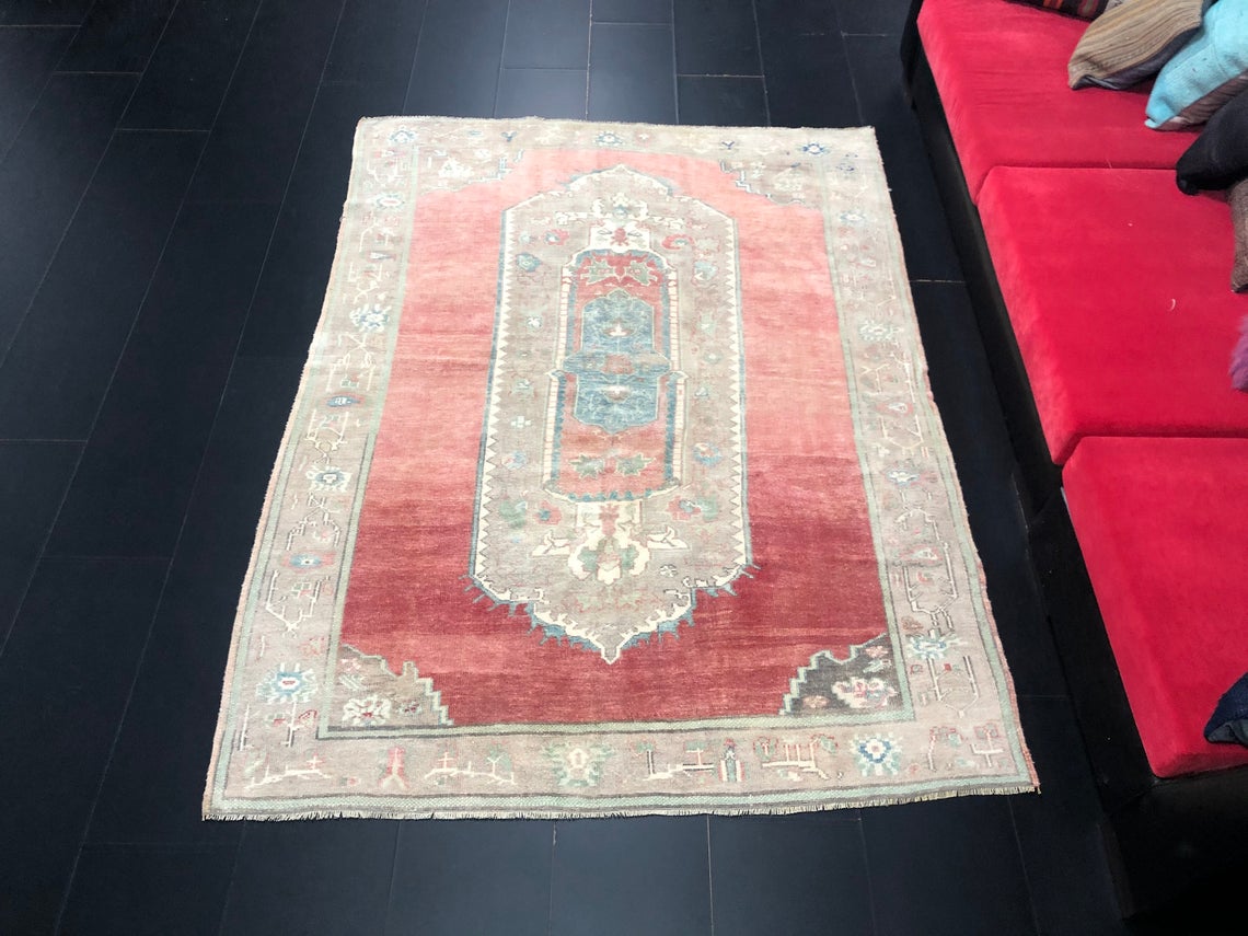 Handmade rug Turkish rug Farmhouse rug Tribal rug Boho rug 3.7 x 6.6 ft TR3770 Area rug Livingroom rug Red color rug Anatoian rug