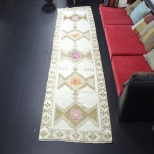Turkish Wool White Herki Runner Rug