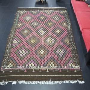 Antique Pink And Brown Geometric Pattern Kilim Rug